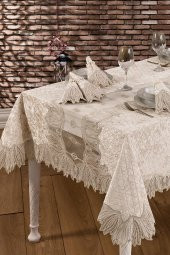 Kadife Lüks Masa Örtüsü Seti Dantelli Güpürlü 25 Parça Vels - 1