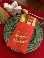 Gold Yaldızlı Kırmızı Happy New Year Cepli Peçete 12 lı 40x40 thumbnail 1