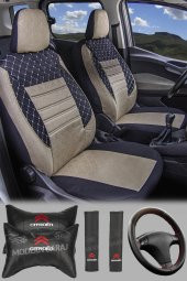 Citroen C4-C3, Berlingo ,Saxo, Xantia Uyumlu Gofrajlı Krem Oto Koltuk  Kılıfı Seti Yastık-Kemer - 1