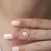 ​Gümüş Rose Kişiye Özel Kalbin İçinde Kalp Bayan Kolye SL3769 thumbnail 3