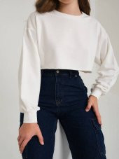 Pamuklu 3 Iplik Örme Crop Sweatshirt - 1