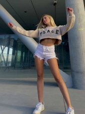 Bej Baskılı Örme Yumuşak Dokulu Şardonlu Crop Sweatshirt - 2