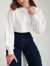 Pamuklu 3 Iplik Örme Crop Sweatshirt - 2