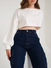 Pamuklu 3 Iplik Örme Crop Sweatshirt - 4