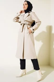 Tek Düğmeli Kuşaklı Deri Trençkot Krem thumbnail 1