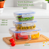 Porsima Kilitli Kapaklı 3 lü Çok Amaçlı Gıda Erzak Kahvaltılık Cam Saklama Kabı Seti 350-450-1000 ml - 1