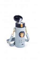 OKADI MAVİ AYI DESENLİ PASLANMAZ ÇELİK PİPETLİ ÇOCUK TERMOSU 350ML - 2