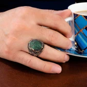 Gümüş Yeşil Zirkon Taşlı Oval Erkek Yüzük  SL4480 thumbnail 6