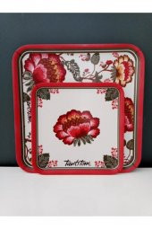 TANTİTONİ MELAMİN KANAVİÇE DESENLİ 2 Lİ KARE KAYDIRMAZ TEPSİ 24-33 CM - 1