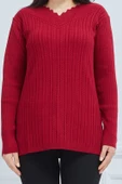 Fresh&Moda Kadın Kırmızı Triko Esnek V Yaka Kışlık Anne Kazak - 5