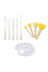 3lü Set Plastik Spatula Pon Pon Fırça Ve Palet Yardımcı Set (akrilik , guaj ve yağlı boya için ) - 1