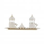 Zarif İnci ve Taşlı Çay Bardak Seti 2 li Lale Desenli -Beyaz thumbnail 1