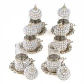 Zarif İnci ve Taşlı Çay Bardak Seti 6li Lale Desenli -Beyaz - 1