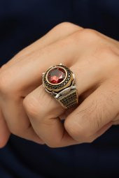Yuvarlak Kırmızı Taşlı 925 Gümüş Erkek Yüzük thumbnail 1
