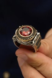 Yuvarlak Kırmızı Taşlı 925 Gümüş Erkek Yüzük thumbnail 4
