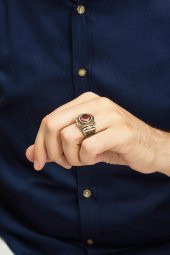 Yuvarlak Kırmızı Taşlı 925 Gümüş Erkek Yüzük thumbnail 6