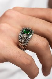 Yeşil Taşlı Erzurum Oyma Desenli 925 Gümüş Erkek Yüzük thumbnail 2