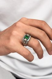 Yeşil Taşlı Erzurum Oyma Desenli 925 Gümüş Erkek Yüzük thumbnail 3