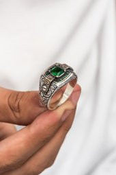 Yeşil Taşlı Erzurum Oyma Desenli 925 Gümüş Erkek Yüzük thumbnail 5