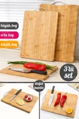 3'lü Bambu Kesim Panosu Lüx Üç Boy Çelik Saplı Peynir Servis Sunum Tepsi Et Sebze Doğrama Tahtası - 1