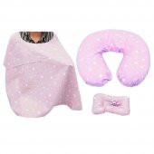 Sevibebe Anne Bebek Minderi Emzirme Yastığı Emzirme Örtüsü 3lü Set Pembe Yıldız Desen 75-2 - 1