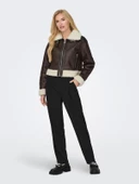 ONLY Bayan Kahverengi Deri Biker Ceket Mont 15298735 - 5