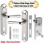 Kumru Nikel Saten Oda Kapı Kolu + Hok ER-40 Ekstra Gömme Kilit İç Kapı Oda Kilidi Rulmanlı Köşeli 40 mm Takım - 1