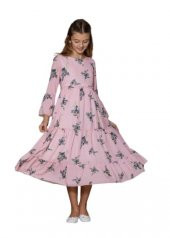 Gülücük Kids 774 Kız Çocuk Bürümcük Çicekli Elbise - Açık Pembe - ST00671-Açık Pembe-11 YAŞ - 1