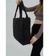 DZC KUZENLER AVM Samilon Kabartmalı Puf Kumaş Shopper Çanta Napoli Siyah AĞZI FERMUARLI KOL OMUZ OKUL - 2