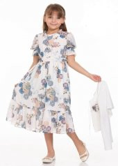 Gülücük Kids 00668 Kız Çocuk Şifon Desenli Bolero Elbise - Krem - ST00668-Krem-11 YAŞ - 2