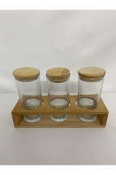 BAL HOME Buenos 3'lü Bambu Kapaklı Cam Baharat Seti Standlı - 1