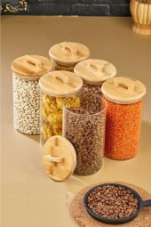 Borosilikat Yuvarlak Cam Kavanoz 3 Adet -bambu Vakumlu Kapak Ckr2962 - 1