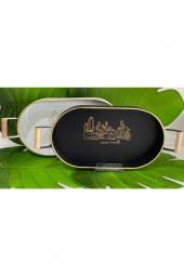 Hibana Metal Oval Kaktüs Mod Ahşap Saplı Altın Yaldızlı Tepsi 38.5x21.5x4,5cm Siyah - 2