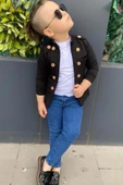 Erkek Çocuk Omzu ve Ceket Yakası Düğme Detaylı Cepli Blazer Ceketli Siyah Alt Üst Takım - 1
