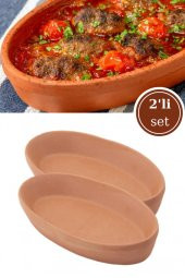 Elizi 2 Adet Toprak Kayık Kase, Kayık Güveç Fırın Kabı 2’li Set Orta Boy (26x14cm) - 1