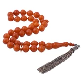 İstanbul Kesim Turuncu Sıkma Kehribar 925 Ayar Gümüş Püsküllü Tesbih TB73 thumbnail 1