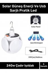Solar Güneş Enerji ve Usb Sarjlı 5 Kanatlı Bahçe Aydınlatma LED Askılı Pratik Kamp Lamba - 1