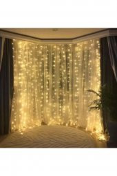 8 Modlu 3 x 3  metre 300 Ledli Kumandalı  Günışığı Açık Sarı Renk Dekoratif Prizli Perde Led - 3