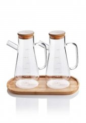 2x900 ML Standlı Cam Yağlık Seti Sütlük Sosluk Vakumlu Bambu Kapaklı Borosilikat - 1