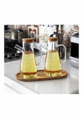 2x900 ML Standlı Cam Yağlık Seti Sütlük Sosluk Vakumlu Bambu Kapaklı Borosilikat - 2