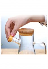 2x900 ML Standlı Cam Yağlık Seti Sütlük Sosluk Vakumlu Bambu Kapaklı Borosilikat - 4