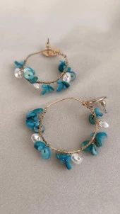 Küpe Otantik Doğal Turkuaz Taş Halka Sallantılı Küpe Nişan Düğün Kadın Takı Hediye - 1