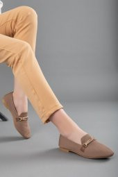 Triko Taşlı Yuvarlak Burunlu Vizon Kadın Babet thumbnail 1