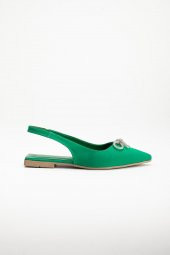 Saten Taşlı Arka Açık Düz Taban Yeşil Kadın Babet thumbnail 3