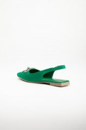 Saten Taşlı Arka Açık Düz Taban Yeşil Kadın Babet thumbnail 5