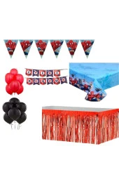 Spiderman Örümcek Adam DoğumGünü Seti Masa Örtüsü Masa Etegi Flama Banner ve Balon - 1