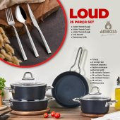 Amboss Loud 25 Parça Granit Tencere Seti ve Paslanmaz Çelik Çatal Bıçak Seti - 1