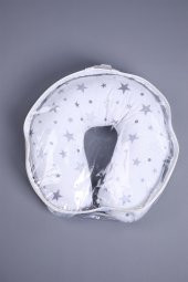 Babyhola Emzirme Yastığı Minderi Yıkanabilir Fermuarlı Dış Kılıf Yıldız Desen Beyaz Gri 1030 - 3