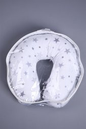 Babyhola Emzirme Yastığı Minderi Yıkanabilir Fermuarlı Dış Kılıf Yıldız Desen Beyaz Gri 1030 - 4