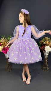 Kelebek Desen Tüllü Kol Kız Çocuk Tokalı Özel Gün Abiyesi MNK0391 thumbnail 1